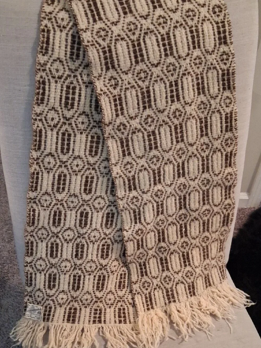DownEast Cream and Brown Patterned Fringe Scarf